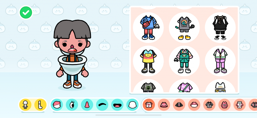 Character customization screen with outfit options and facial feature adjustments.