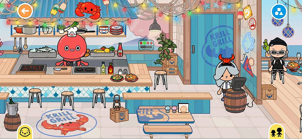 A large red octopus chef stands behind the counter, surrounded by cooking tools and seafood dishes. A waitress in a crab hairband stands near the counter. A customer eats outside the restaurant. The decor includes colorful lights, a barrel, and a Krill Grill logo on the floor.