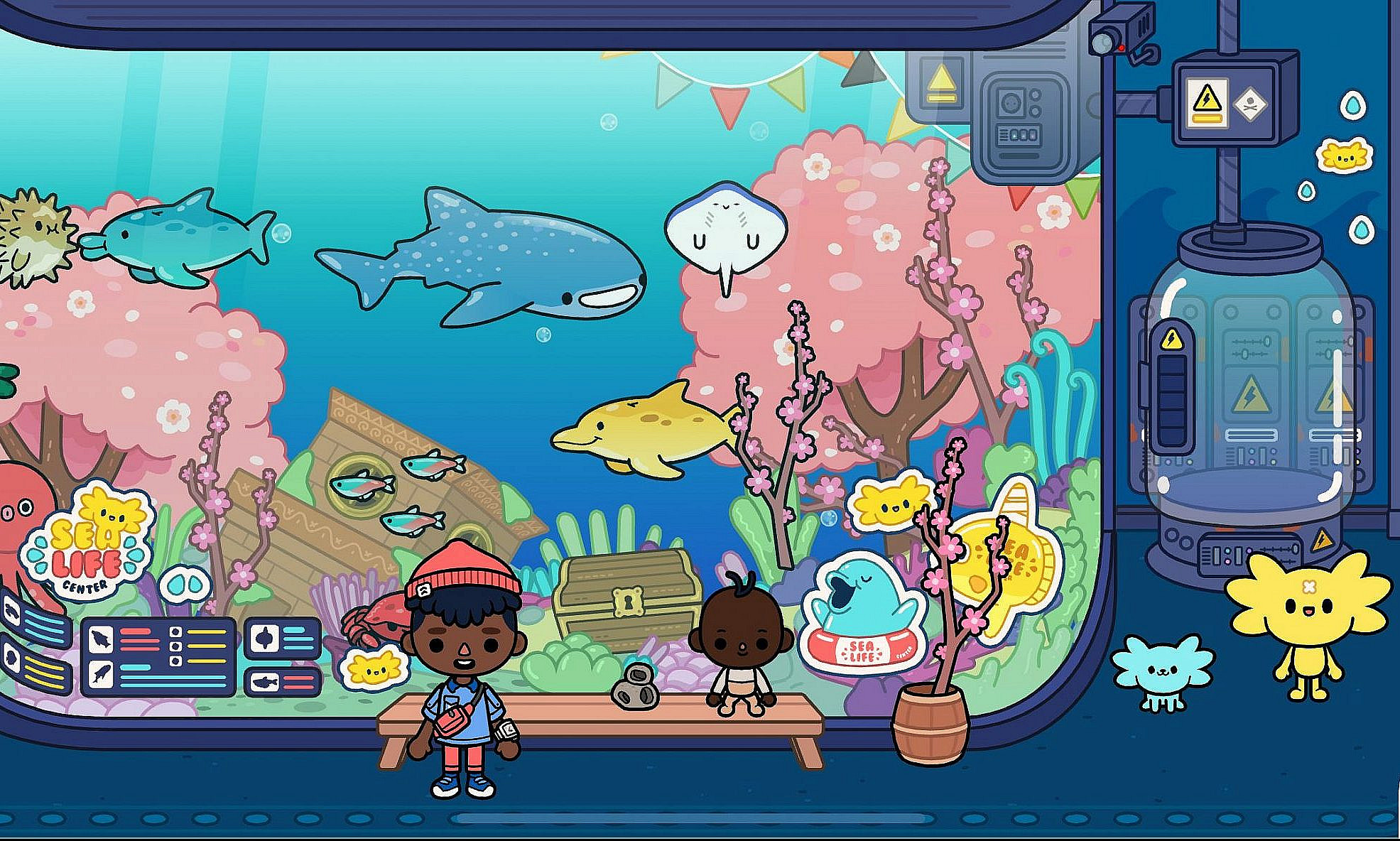 An aquarium with various sea creatures like a turtle, whale shark, and pufferfish. Two children sit on a bench in front of the large aquarium tank, surrounded by colorful coral and sea decorations.