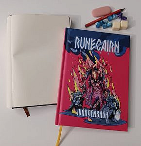 A Runecairn rulebook with a red cover, an empty white page, set of blue polyhedral dice and a pencil and eraser.