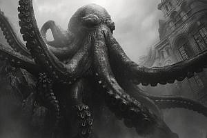 Monster with a head of an octopus roaming next to an old building. 