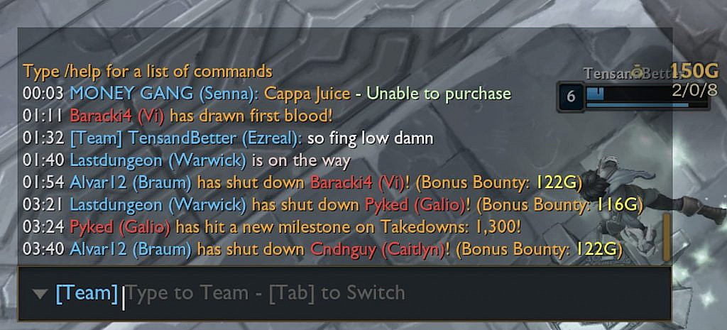 Screenshot of the League of Legends text chat. 8 timestamped entries of both computer generated callouts as well as one player generated text entry.