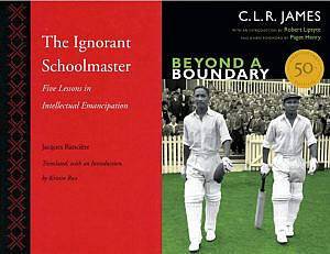 The Ignorant Schoolmaster book cover, which is simple and red, next to the cover of Beyond A Boundary, which shows men walking onto a cricket field