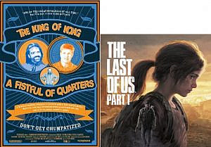 The poster of The King of Kong is blue and yellow, next to it is the cover of The Last of Us I, which shows the profile of a girl