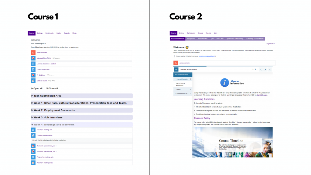 This image shows two course pages side to side. On the left is a screenshot of a course set in the "collapsed topics" format. On the right is a screenshot of a course in the "one topic" format containing an embedded H5P interactive book. 